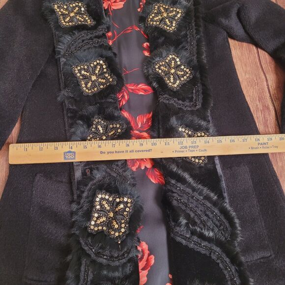 Olivine Gabbro Coat Womens 6 Black Alpaca Embellished Mid Length Rabbit Fur Trim - Picture 3 of 16